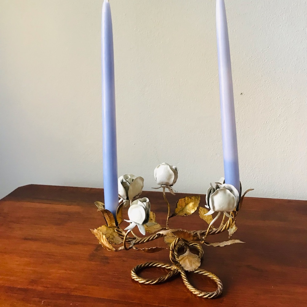 Vintage Hollywood regency Italian gilt tile metal rose candelabra